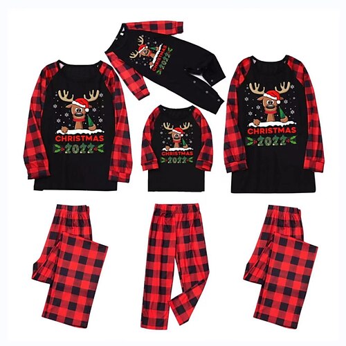 

Christmas Pajamas Family Elk Home Crewneck Black Long Sleeve Adorable Matching Outfits