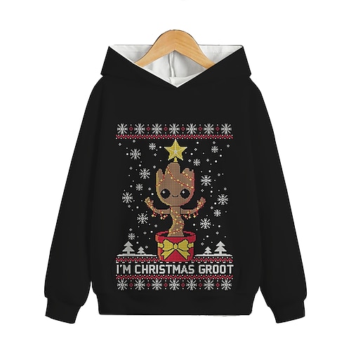 

Kids Boys Christmas Hoodie Pullover Graphic Long Sleeve Pocket Children Top Outdoor Hoodie Active Cute Black Winter 7-13 Years / Fall / Spring