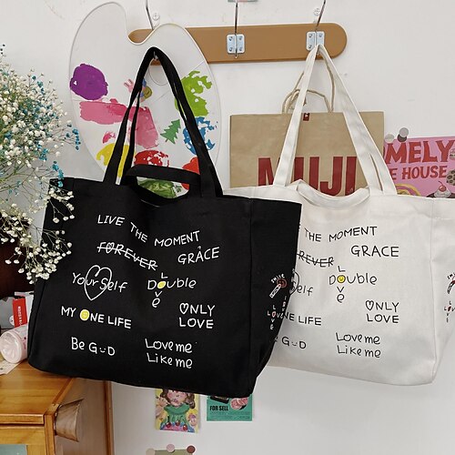 

simple letter smiley print canvas bag shoulder bag large-capacity art cloth bag