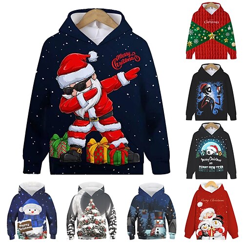 

Kids Boys Christmas Hoodie Pullover Graphic Santa Claus Snowflake Long Sleeve Pocket Children Top Christmas Gifts 3D Print Hoodie Cool Daily Green Black Blue Winter 7-13 Years