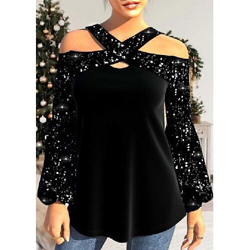

Women's Blouse Shirt Wine Red Green Black Plain Sequins Cut Out Long Sleeve Casual Basic V Neck Regular S