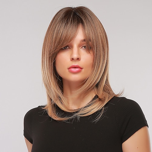 

Parrucca sintetica da 20 pollici parrucca da donna capelli lisci lunghi castani con frangia moda elegante cosplay quotidiano per la festa di Natale