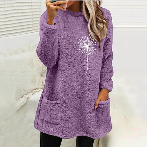 

Women's Sweatshirt Pullover Sherpa Fleece Teddy Pocket Light Blue claret Lake blue Dandelion Casual Round Neck Long Sleeve Fleece S M L XL 2XL 3XL