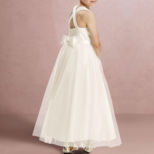 

Wedding Party A-Line Flower Girl Dresses Jewel Neck Ankle Length Satin Tulle with Bow(s) Pure Color Elegant Cute Girls' Party Dress Fit 3-16 Years