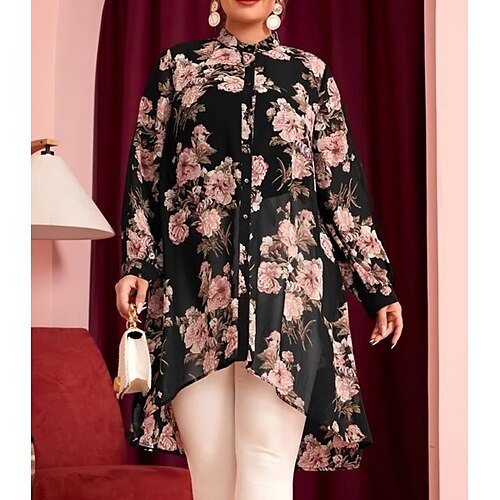 

Women's Plus Size Tops Blouse Floral Long Sleeve Stand Collar Fashion Modern Daily Vacation Polyester Winter Fall Black