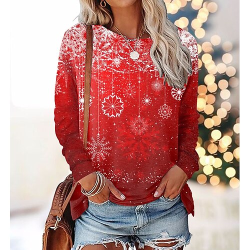 

Women's T shirt Tee Green Blue Red Snowflake Print Long Sleeve Christmas Weekend Basic Round Neck Regular Floral Painting S
