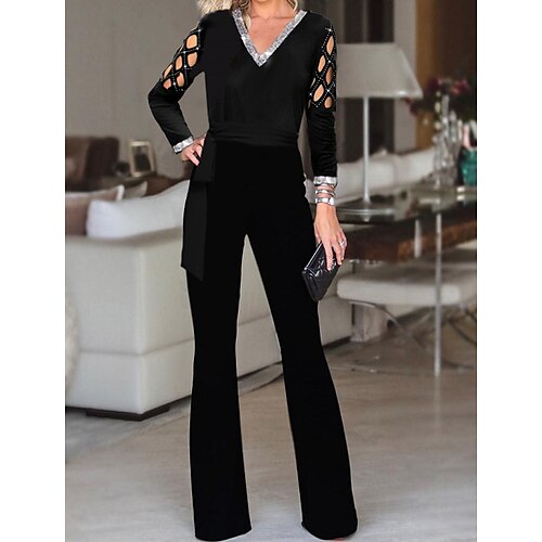 

Women's Jumpsuit Cut Out Solid Color V Neck Elegant Party Holiday Straight Regular Fit Long Sleeve Black S M L Winter