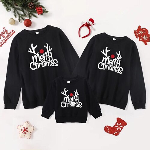 

Family Christmas Sweatshirt Letter Casual Crewneck Black Long Sleeve Daily Matching Outfits