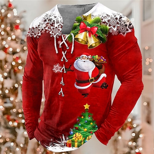 

Men's T shirt Tee Tee Graphic Santa Claus Collar Green Black Blue Red 3D Print Outdoor Christmas Long Sleeve Lace up Print Clothing Apparel Basic Designer Casual Classic