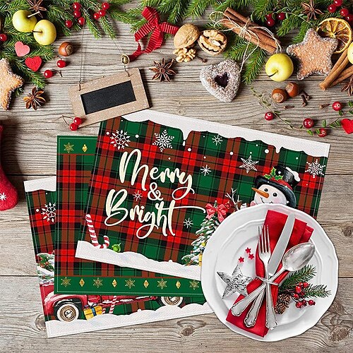 

Christmas Placemats Buffalo Plaid Table Place Mat Snowman Heat Resistant for Dining Truck Xmas for Kitchen Outdoor Patio 1 Pcs