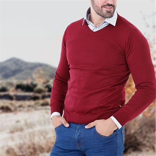 

Men's Sweater Pullover Sweater Jumper Knit Classic Style Solid Color V Neck Clothing Apparel Winter Wine Dark Grey S M L