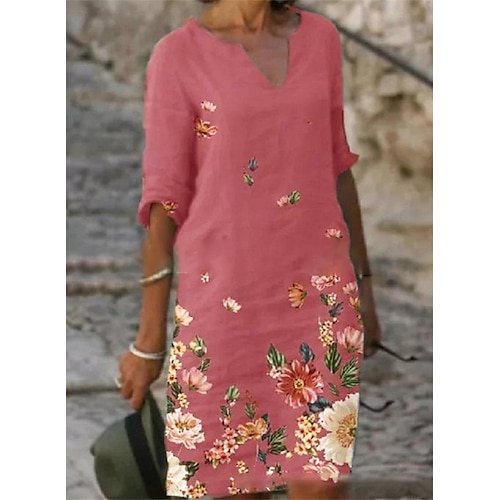 

Women's Shift Dress Midi Dress Black Pink Gray Half Sleeve Floral Print Summer Spring V Neck Elegant Loose Fit 2023 S M L XL XXL 3XL