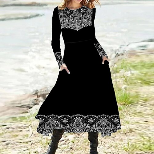

Women's Casual Dress Swing Dress Midi Dress Black White Long Sleeve Floral Pocket Winter Fall Autumn Winter Dress Fall Dress 2022 S M L XL XXL 3XL