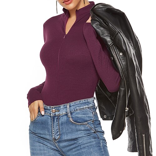 

Women's Bodysuit Black Blue Wine Plain Zipper Crochet Long Sleeve Casual Basic Standing Collar Cotton S