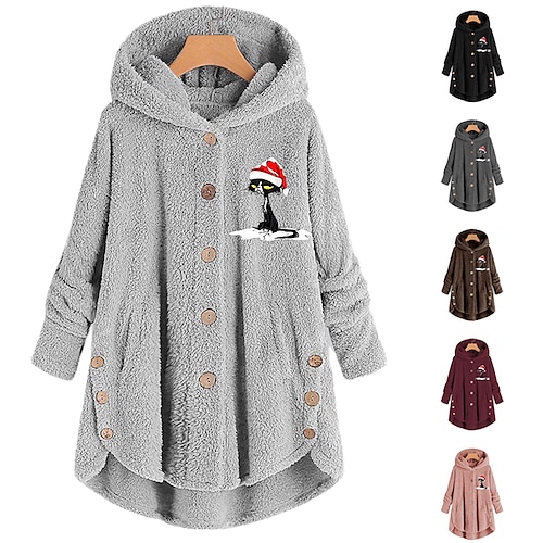 

Women's Plus Size Christmas Fleece Jacket Teddy Coat Warm Button Pocket Cat Hat Causal Long Sleeve Hooded Regular Winter Fall Black Pink Wine L XL XXL 3XL 4XL