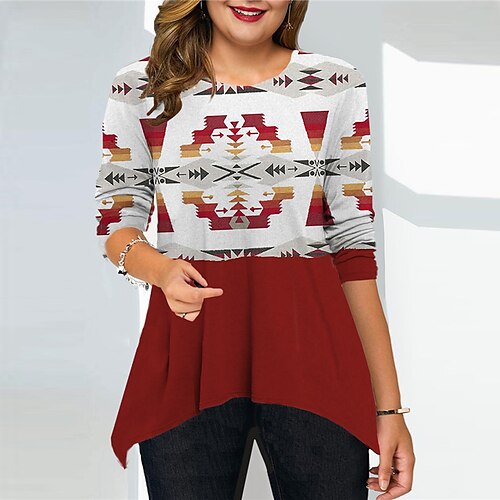 

Women's Plus Size Christmas Tops T shirt Tee Plaid Santa Claus Print Long Sleeve Crew Neck Casual Festival Daily Cotton Spandex Jersey Winter Fall Wine Red