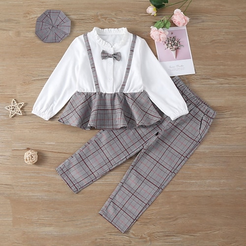 

2 Pieces Toddler Girls' Plaid Shirt & Pants Set Long Sleeve Active Outdoor 3-7 Years Winter White