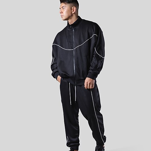 

Men's Tracksuit 2 Piece Reflective Strip Casual Winter Long Sleeve Reflective Quick Dry Reflective Strips Running Walking Jogging Sportswear Activewear Solid Colored Light Yellow Black Khaki