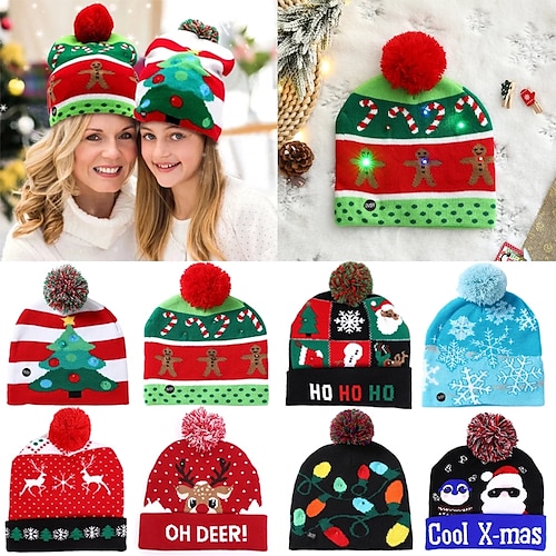 

led chapeau de noël allumer noël tricot beanie chapeaux unisexe vacances chapeau pull lumineux cadeau de noël pour enfants adultes noël 2023 nouvel an décorations