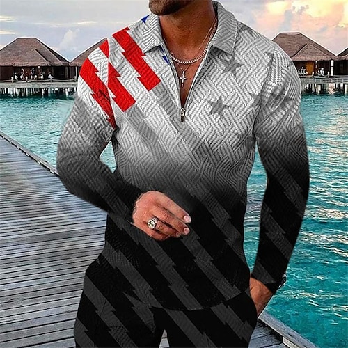 

Men's Collar Polo Shirt Golf Shirt Graphic Prints National Flag Turndown Black 3D Print Outdoor Street Long Sleeve Zipper Print Clothing Apparel Fashion Designer Casual Soft