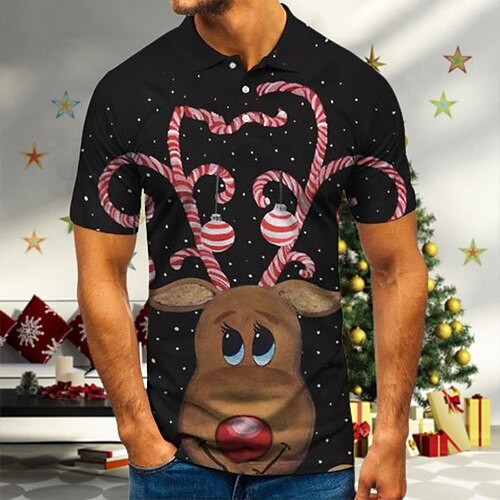 

Men's Christmas Golf Shirt 3D Print Elk Animal Button-Down Print Short Sleeve Tops Casual Fashion Breathable Brown / Sports / Fall / Winter
