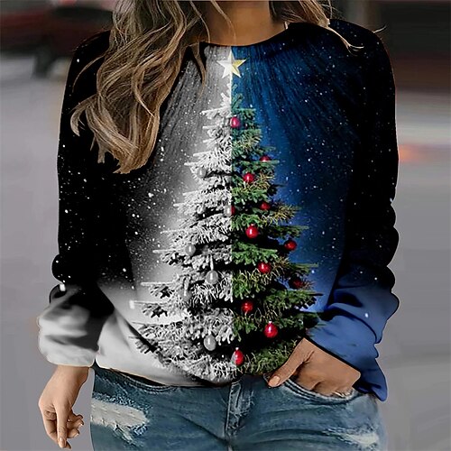 

Women's Plus Size Christmas Tops Pullover Sweatshirt Tree Snowflake Print Long Sleeve Crew Neck Basic Casual Festival Daily Cotton Winter Fall Green Blue