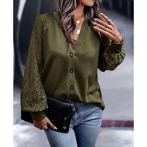 

Women's Blouse Shirt Black Wine Dark Blue Plain Lace Patchwork Long Sleeve Casual Basic V Neck Regular S