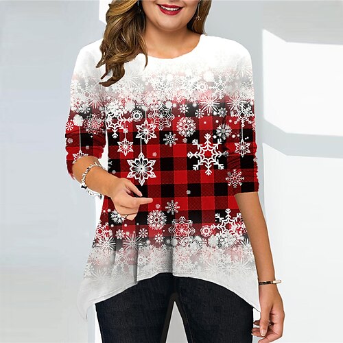 

Women's Plus Size Christmas Tops T shirt Tee Plaid Snowman Print Long Sleeve Crew Neck Casual Festival Daily Cotton Spandex Jersey Winter Fall Green Wine