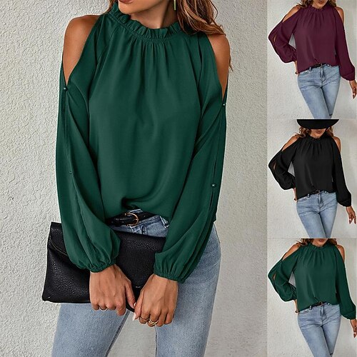 

Women's Blouse Shirt Green Black Wine Graphic Long Sleeve Round Neck S