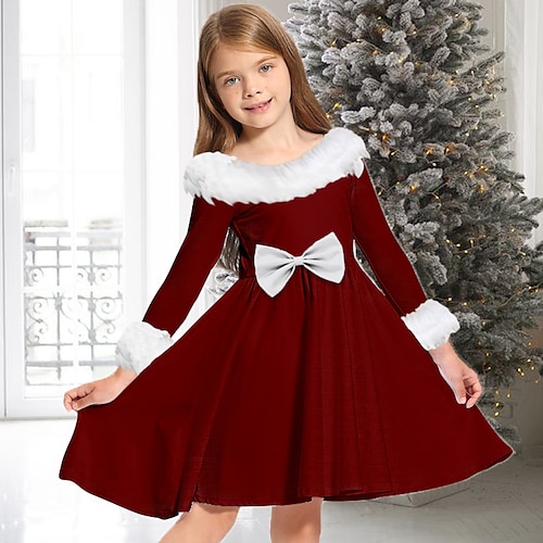 

Christmas Kids Girls' Dress Solid Color Casual Dress Above Knee Dress Gifts Fur Trim Crew Neck Long Sleeve Adorable Dress 2-13 Years Winter Green Wine Red