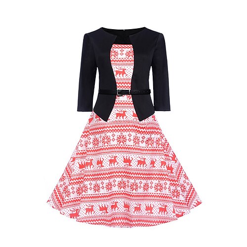

Women's Party Dress Swing Dress Vintage Dress Midi Dress Pink 3/4 Length Sleeve Elk Fake two piece Winter Fall Autumn Square Neck Fashion Christmas Vacation 2022 S M L XL XXL