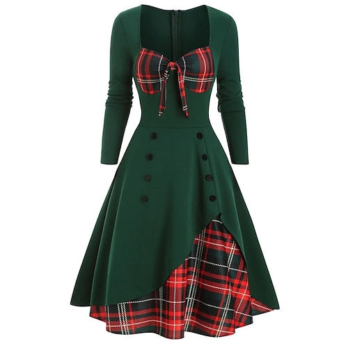 

Mulheres Vestido Swing Vestido xadrez Vestido antigo Vestido midi Verde Manga Longa Xadrez Botão Inverno Outono Primavera Decote Quadrado Moderno Natal Férias 2022 S M L XL XXL 3XL