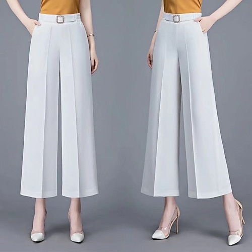 

Women's Wide Leg Pants Trousers Elastic Waist Straight Leg Plain Crystal / Rhinestone Basic Classic Modern Light Summer Black Apricot White