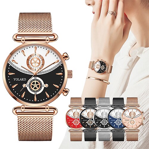 

YOLAKO Brand Women's Quartz Watch Alloy Mesh Band Watch Personality Gear Alloy Dial Quartz Watch