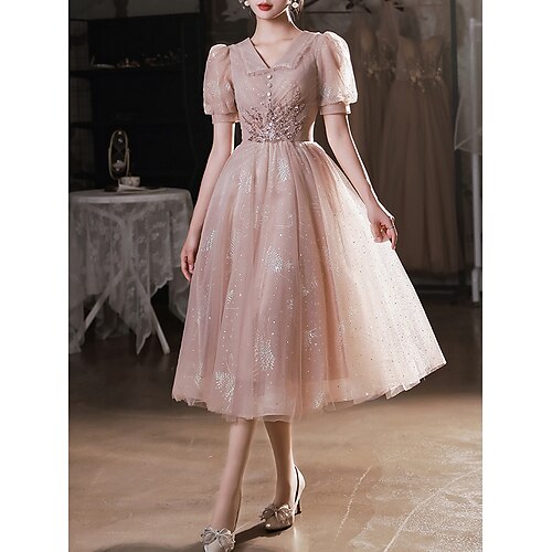 

A-Line Prom Dresses Elegant Dress Party Wear Tea Length Half Sleeve V Neck Satin with Buttons Appliques 2022