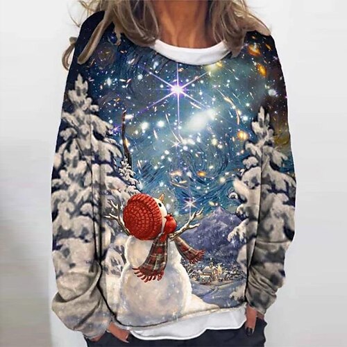 

Women's Sweatshirt Pullover Basic Navy Blue Snowman Christmas Round Neck Long Sleeve S M L XL 2XL 3XL