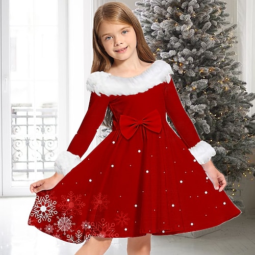 

Рождественское детское платье для девочек, снежинка с длинным рукавом, рождественские подарки, повседневная меховая отделка с круглым вырезом, очаровательное повседневное платье из полиэстера выше колена, свободное платье трапециевидного силуэта, осень-зи