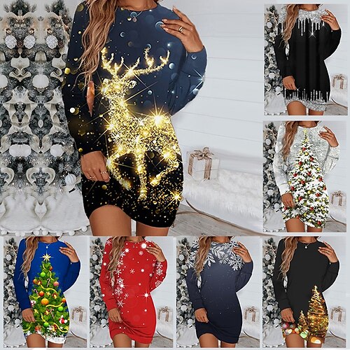 

Women's Christmas Sweatshirt Dress Shift Dress Sweat Dress Mini Dress Silver Green Black Long Sleeve Elk Print Winter Fall Autumn Round Neck Fashion Christmas Daily Loose Fit 2022 S M L XL XXL 3XL