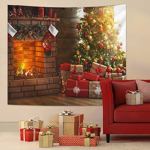 

Christmas Santa Claus Holiday Party Wall Tapestry Photography Background Art Decor Blanket Hanging Home Bedroom Living Room Decoration Tree Snowman Elk Snowflake Candle Gift Fireplace