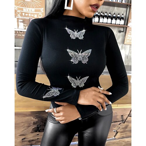 

Women's Blouse Shirt Black Butterfly Rhinestone Long Sleeve Casual Weekend Streetwear High Neck Regular Cotton S