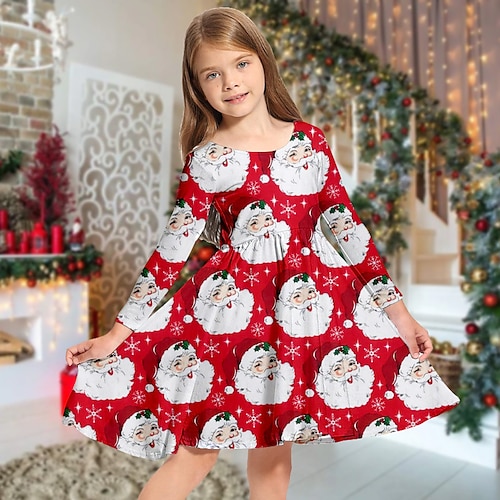 

Kids Girls' Ugly Christmas Dress Santa Claus Casual Dress Above Knee Dress Christmas Gifts Crewneck Long Sleeve Adorable Dress 2-13 Years Winter Red