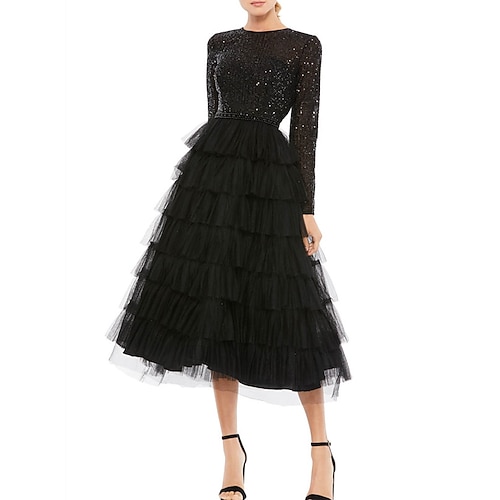 

A-Line Cocktail Dresses Elegant Dress Party Wear Tea Length Long Sleeve Jewel Neck Tulle with Sequin Tier 2022
