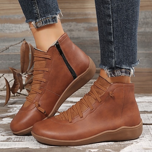 

Women's Boots Plus Size Booties Ankle Boots Flat Heel Round Toe PU Leather Zipper Black Brown