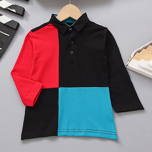 

Toddler Boys Shirt Tee Color Block Long Sleeve Button Children Top School Daily Fall Spring Black 3-7 Years