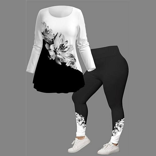 

Women's Plus Size Tops Set Floral Print Long Sleeve Crew Neck Casual Daily Going out Polyester Winter Fall Black Pink