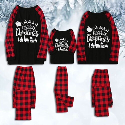

Christmas Pajamas Family Set Ugly Plaid Letter Home Black Long Sleeve Mom Dad and Me Daily Matching Outfits