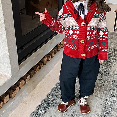 

Toddler Girls' Cardigan Ugly School Long Sleeve Fashion 3-7 Years Fall Red