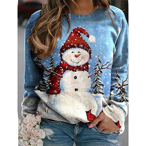 

Women's Plus Size Christmas Tops Pullover Sweatshirt Snowman Snowflake Print Long Sleeve Crewneck Casual Festival Daily Polyester Winter Fall Blue Wine