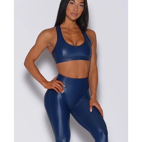 

Women's Yoga Set 2 Piece Solid Color Stretchy Disco Sports Suit Black Dark Blue Spandex Yoga Fitness Gym Workout Tummy Control Butt Lift Breathable Sport Activewear
