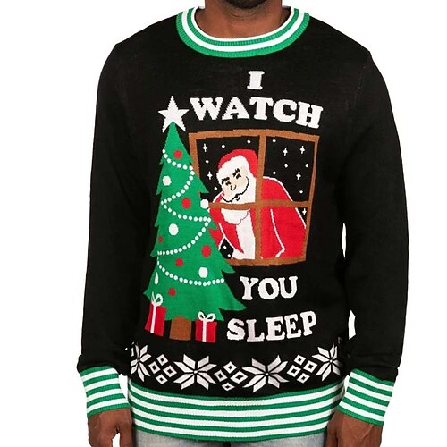 

Men's Sweater Ugly Christmas Sweater Pullover Sweater Jumper Ribbed Knit Cropped Knitted Letter Crew Neck Keep Warm Modern Contemporary Christmas Work Clothing Apparel Fall & Winter Black S M L